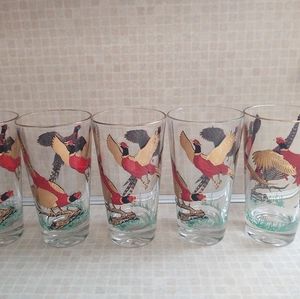LOT OF 5 PHEASANT GLASSES, 10oz. Red and Gold on Clear Glass. 5.5" Tall